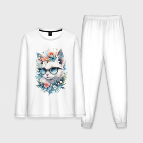 Мужская пижама с лонгсливом хлопок с принтом Белый котенок с очками в цветах ,  |  | 
