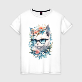 Женская футболка хлопок с принтом Белый котенок с очками в цветах в Санкт-Петербурге, 100% хлопок | прямой крой, круглый вырез горловины, длина до линии бедер, слегка спущенное плечо | 