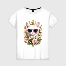 Женская футболка хлопок с принтом Кошка в очках в Санкт-Петербурге, 100% хлопок | прямой крой, круглый вырез горловины, длина до линии бедер, слегка спущенное плечо | 