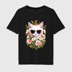 Мужская футболка хлопок Oversize с принтом Кошка в очках в Кировске, 100% хлопок | свободный крой, круглый ворот, “спинка” длиннее передней части | Тематика изображения на принте: 