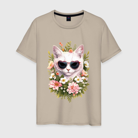 Мужская футболка хлопок с принтом Кошка в очках в Санкт-Петербурге, 100% хлопок | прямой крой, круглый вырез горловины, длина до линии бедер, слегка спущенное плечо. | 