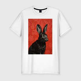 Мужская футболка хлопок Slim с принтом Черный кролик на красном фоне в Тюмени, 92% хлопок, 8% лайкра | приталенный силуэт, круглый вырез ворота, длина до линии бедра, короткий рукав | 