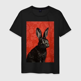 Мужская футболка хлопок с принтом Черный кролик на красном фоне в Петрозаводске, 100% хлопок | прямой крой, круглый вырез горловины, длина до линии бедер, слегка спущенное плечо. | 