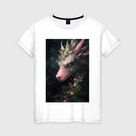 Женская футболка хлопок с принтом Стильный звёздный дракон символ года в Екатеринбурге, 100% хлопок | прямой крой, круглый вырез горловины, длина до линии бедер, слегка спущенное плечо | 