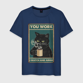 Мужская футболка хлопок с принтом Суровый кот начальник в Санкт-Петербурге, 100% хлопок | прямой крой, круглый вырез горловины, длина до линии бедер, слегка спущенное плечо. | 