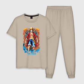 Мужская пижама хлопок с принтом One Piece   загадочный Луффи в Кировске, 100% хлопок | брюки и футболка прямого кроя, без карманов, на брюках мягкая резинка на поясе и по низу штанин
 | 