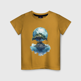 Детская футболка хлопок с принтом Одинокий остров на фоне луны в Екатеринбурге, 100% хлопок | круглый вырез горловины, полуприлегающий силуэт, длина до линии бедер | 