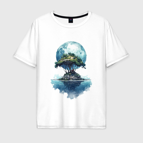 Мужская футболка хлопок Oversize с принтом Одинокий остров на фоне луны в Санкт-Петербурге, 100% хлопок | свободный крой, круглый ворот, “спинка” длиннее передней части | 