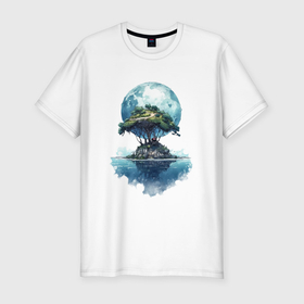 Мужская футболка хлопок Slim с принтом Одинокий остров на фоне луны в Санкт-Петербурге, 92% хлопок, 8% лайкра | приталенный силуэт, круглый вырез ворота, длина до линии бедра, короткий рукав | 
