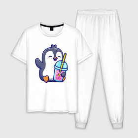 Мужская пижама хлопок с принтом Пингвин с напитком в Белгороде, 100% хлопок | брюки и футболка прямого кроя, без карманов, на брюках мягкая резинка на поясе и по низу штанин
 | 