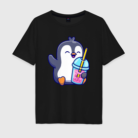 Мужская футболка хлопок Oversize с принтом Пингвин с напитком в Екатеринбурге, 100% хлопок | свободный крой, круглый ворот, “спинка” длиннее передней части | 