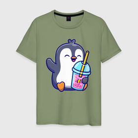 Мужская футболка хлопок с принтом Пингвин с напитком в Курске, 100% хлопок | прямой крой, круглый вырез горловины, длина до линии бедер, слегка спущенное плечо. | 