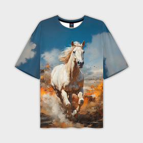 Мужская футболка oversize 3D с принтом Белая лошадь скачет в поле ,  |  | 