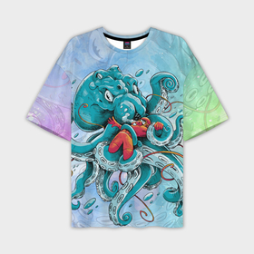 Мужская футболка oversize 3D с принтом Злой осьминог против аквалангиста ,  |  | Тематика изображения на принте: 