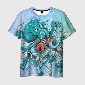 Мужская футболка 3D с принтом Злой осьминог против аквалангиста в Курске, 100% полиэфир | прямой крой, круглый вырез горловины, длина до линии бедер | 