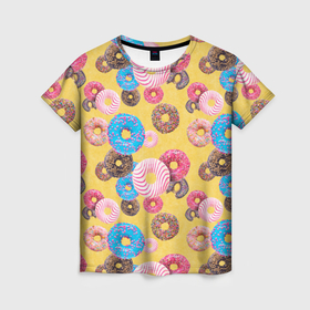 Женская футболка 3D с принтом Узор из пончиков с разными начинками в Кировске, 100% полиэфир ( синтетическое хлопкоподобное полотно) | прямой крой, круглый вырез горловины, длина до линии бедер | 
