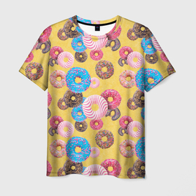 Мужская футболка 3D с принтом Узор из пончиков с разными начинками в Белгороде, 100% полиэфир | прямой крой, круглый вырез горловины, длина до линии бедер | 