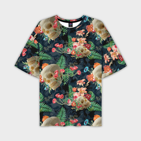 Мужская футболка oversize 3D с принтом Узор из черепов с цветами и листьями ,  |  | 