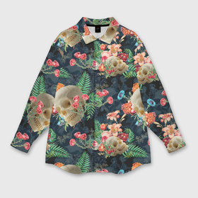 Мужская рубашка oversize 3D с принтом Узор из черепов с цветами и листьями ,  |  | 