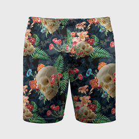 Мужские шорты спортивные с принтом Узор из черепов с цветами и листьями ,  |  | 
