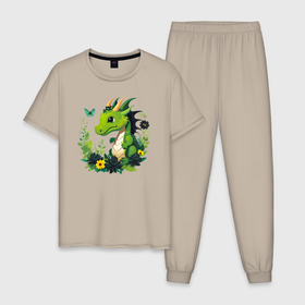 Мужская пижама хлопок с принтом Маленький дракон и бабочка в Белгороде, 100% хлопок | брюки и футболка прямого кроя, без карманов, на брюках мягкая резинка на поясе и по низу штанин
 | 