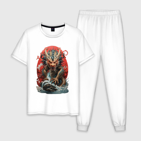 Мужская пижама хлопок с принтом Морской дракон на красном в Белгороде, 100% хлопок | брюки и футболка прямого кроя, без карманов, на брюках мягкая резинка на поясе и по низу штанин
 | 