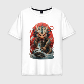 Мужская футболка хлопок Oversize с принтом Морской дракон на красном в Екатеринбурге, 100% хлопок | свободный крой, круглый ворот, “спинка” длиннее передней части | Тематика изображения на принте: 