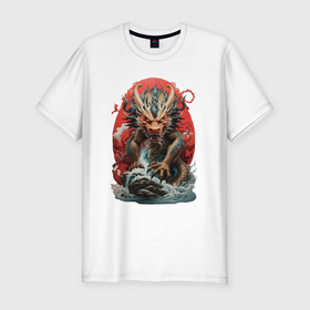 Мужская футболка хлопок Slim с принтом Морской дракон на красном в Екатеринбурге, 92% хлопок, 8% лайкра | приталенный силуэт, круглый вырез ворота, длина до линии бедра, короткий рукав | Тематика изображения на принте: 