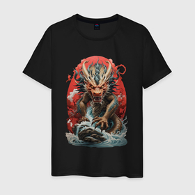 Мужская футболка хлопок с принтом Морской дракон на красном в Белгороде, 100% хлопок | прямой крой, круглый вырез горловины, длина до линии бедер, слегка спущенное плечо. | Тематика изображения на принте: 