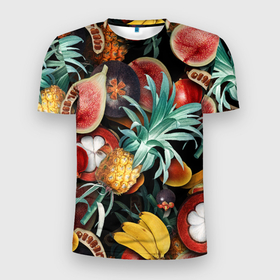 Мужская футболка 3D Slim с принтом Паттерн из тропических фруктов с ананасом и инжиром в Петрозаводске, 100% полиэстер с улучшенными характеристиками | приталенный силуэт, круглая горловина, широкие плечи, сужается к линии бедра | Тематика изображения на принте: 