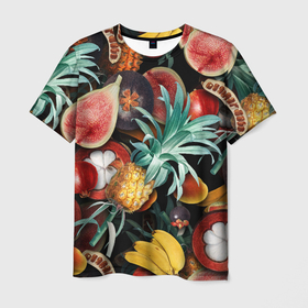 Мужская футболка 3D с принтом Паттерн из тропических фруктов с ананасом и инжиром в Екатеринбурге, 100% полиэфир | прямой крой, круглый вырез горловины, длина до линии бедер | 