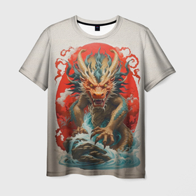 Мужская футболка 3D с принтом Японский морской дракон в Екатеринбурге, 100% полиэфир | прямой крой, круглый вырез горловины, длина до линии бедер | Тематика изображения на принте: 