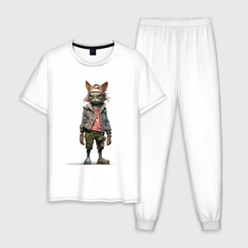 Мужская пижама хлопок с принтом Кот панк в шлеме , 100% хлопок | брюки и футболка прямого кроя, без карманов, на брюках мягкая резинка на поясе и по низу штанин
 | 