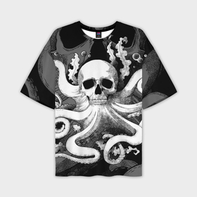 Мужская футболка oversize 3D с принтом Череп осьминог с водорослями и пузырями в Курске,  |  | 
