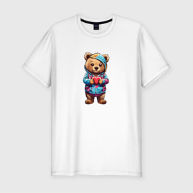 Мужская футболка хлопок Slim с принтом Медведь с сердечком в Курске, 92% хлопок, 8% лайкра | приталенный силуэт, круглый вырез ворота, длина до линии бедра, короткий рукав | 
