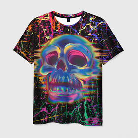 Мужская футболка 3D с принтом Расплавленный череп с брызгами краски , 100% полиэфир | прямой крой, круглый вырез горловины, длина до линии бедер | 