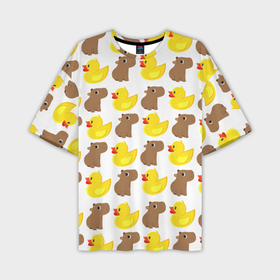 Мужская футболка oversize 3D с принтом Капибара с  желтой уткой в Новосибирске,  |  | грызун | желтая | капибара | птица | резиновая | утка