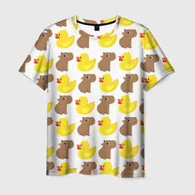 Мужская футболка 3D с принтом Капибара с  желтой уткой в Кировске, 100% полиэфир | прямой крой, круглый вырез горловины, длина до линии бедер | грызун | желтая | капибара | птица | резиновая | утка