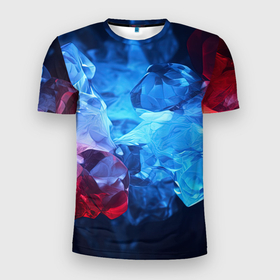 Мужская футболка 3D Slim с принтом Синяя ледяная абстракция с красным в Петрозаводске, 100% полиэстер с улучшенными характеристиками | приталенный силуэт, круглая горловина, широкие плечи, сужается к линии бедра | Тематика изображения на принте: 