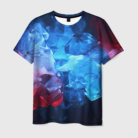 Мужская футболка 3D с принтом Синяя ледяная абстракция с красным в Белгороде, 100% полиэфир | прямой крой, круглый вырез горловины, длина до линии бедер | 