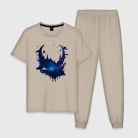 Мужская пижама хлопок с принтом Ночное небо и Луна в Тюмени, 100% хлопок | брюки и футболка прямого кроя, без карманов, на брюках мягкая резинка на поясе и по низу штанин
 | Тематика изображения на принте: 