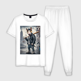 Мужская пижама хлопок с принтом Булли с битой на своём районе в Петрозаводске, 100% хлопок | брюки и футболка прямого кроя, без карманов, на брюках мягкая резинка на поясе и по низу штанин
 | 