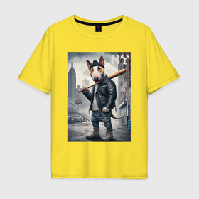 Мужская футболка хлопок Oversize с принтом Булли с битой на своём районе в Петрозаводске, 100% хлопок | свободный крой, круглый ворот, “спинка” длиннее передней части | Тематика изображения на принте: 