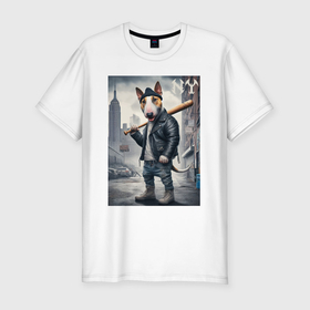 Мужская футболка хлопок Slim с принтом Булли с битой на своём районе в Петрозаводске, 92% хлопок, 8% лайкра | приталенный силуэт, круглый вырез ворота, длина до линии бедра, короткий рукав | 