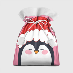 Подарочный 3D мешок с принтом Новогодний пингвин в шапке Санты , 100% полиэстер | Размер: 29*39 см | Тематика изображения на принте: 