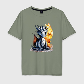 Мужская футболка хлопок Oversize с принтом Пламенный дракончик в Санкт-Петербурге, 100% хлопок | свободный крой, круглый ворот, “спинка” длиннее передней части | 