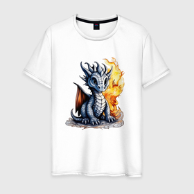 Мужская футболка хлопок с принтом Пламенный дракончик в Санкт-Петербурге, 100% хлопок | прямой крой, круглый вырез горловины, длина до линии бедер, слегка спущенное плечо. | 