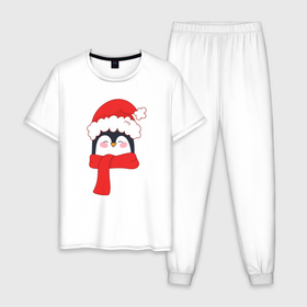 Мужская пижама хлопок с принтом Новогодний пингвин в шапке Деда Мороза , 100% хлопок | брюки и футболка прямого кроя, без карманов, на брюках мягкая резинка на поясе и по низу штанин
 | 