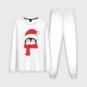 Мужская пижама с лонгсливом хлопок с принтом Новогодний пингвин в шапке Деда Мороза ,  |  | 