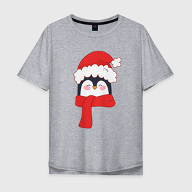 Мужская футболка хлопок Oversize с принтом Новогодний пингвин в шапке Деда Мороза , 100% хлопок | свободный крой, круглый ворот, “спинка” длиннее передней части | 